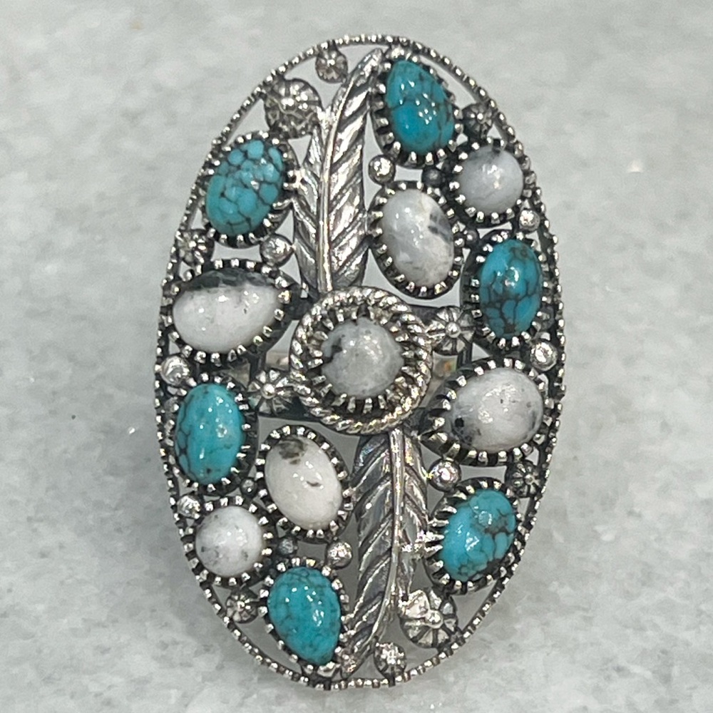 White Buffalo Blue Moon Turquoise Large Sterling Silver BOHO Ring Sz 7